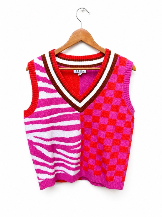 THML Tops - THML Colorblock Sweater Vest XL | Pink Zebra & Checkerboard V-Neck Knit